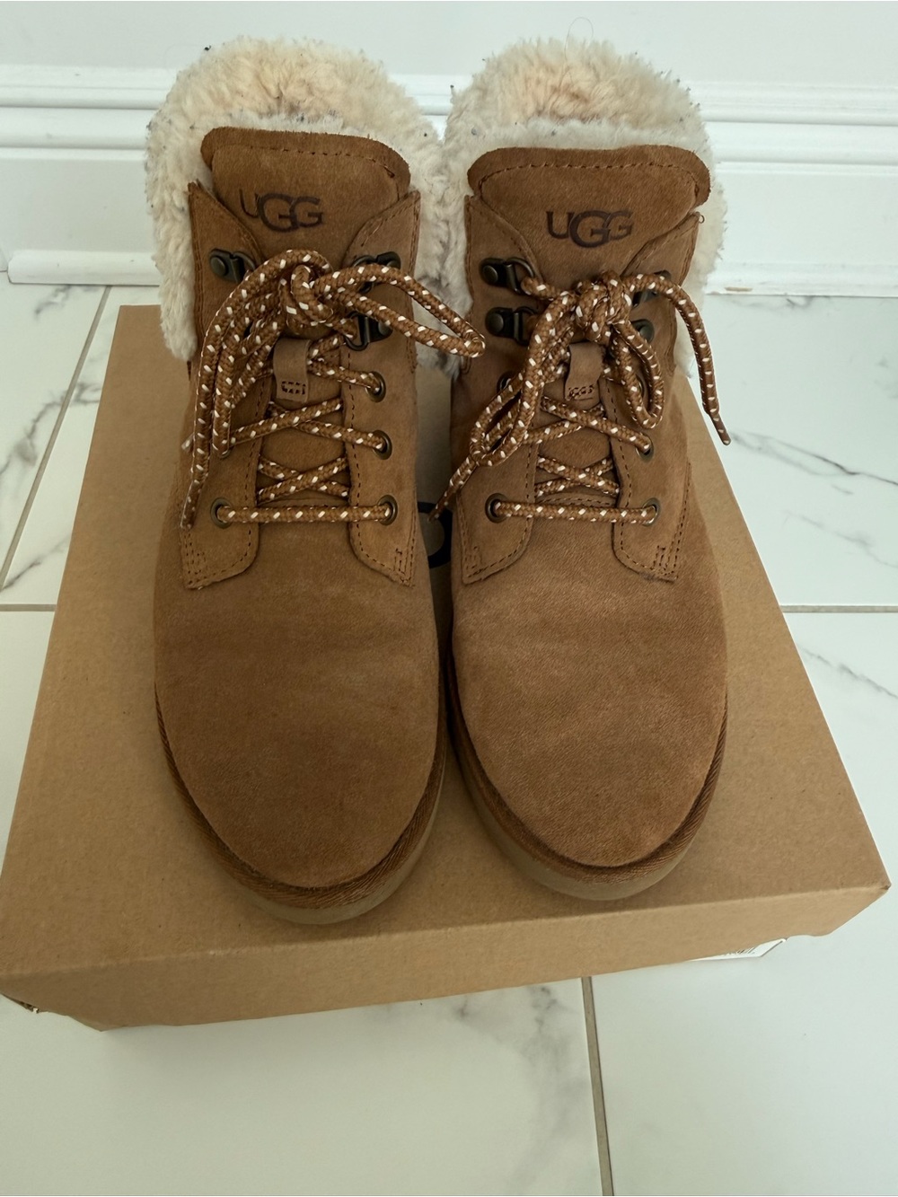 UGG Chestnut Suede Shearling Collar Lace-Up Boots